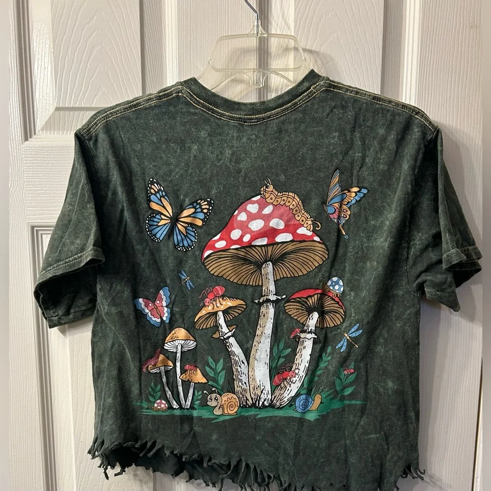 Green Graphic Tee with Mushrooms and Insects - Picture 2 of 3